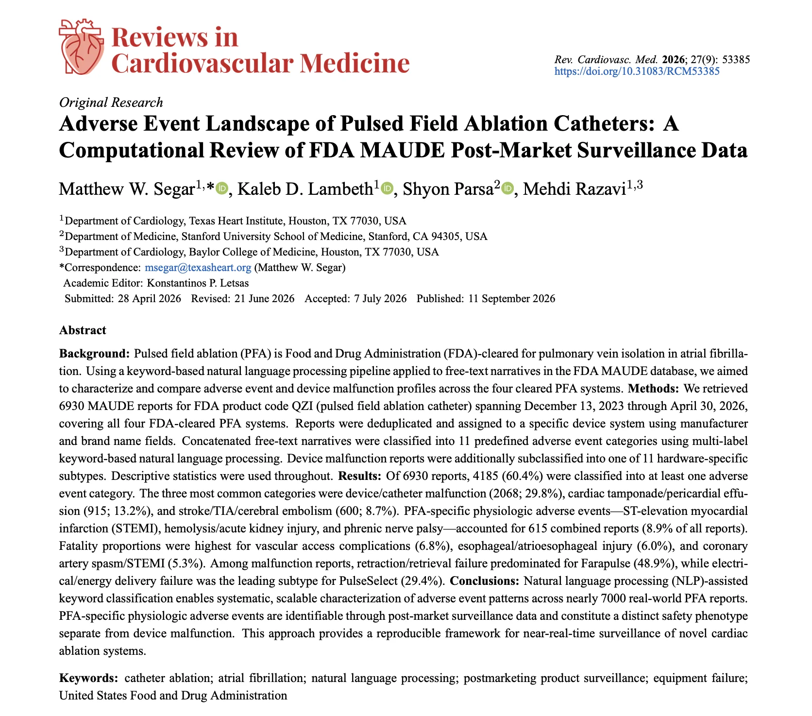First page of the Reviews in Cardiovascular Medicine paper, Adverse Event Landscape of Pulsed Field Ablation Catheters
